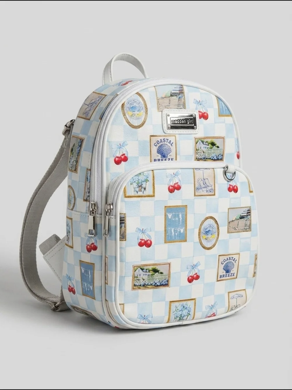 Madden Girl Blue and White Coastal Print Mini Backpack